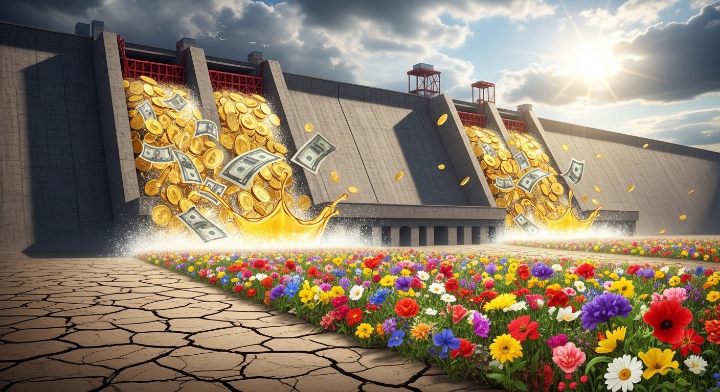 Illustration of a giant dam opening its floodgates, pouring water (moneyliquidity), and flowers blooming on the dry land (stock market) below.