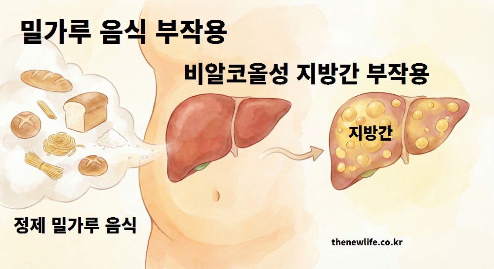 정제 밀가루 음식 과다 섭취 시 간에 중성지방이 축적되어 비알코올성 지방간 부작용을 유발하는 과정을 설명한 인포그래픽