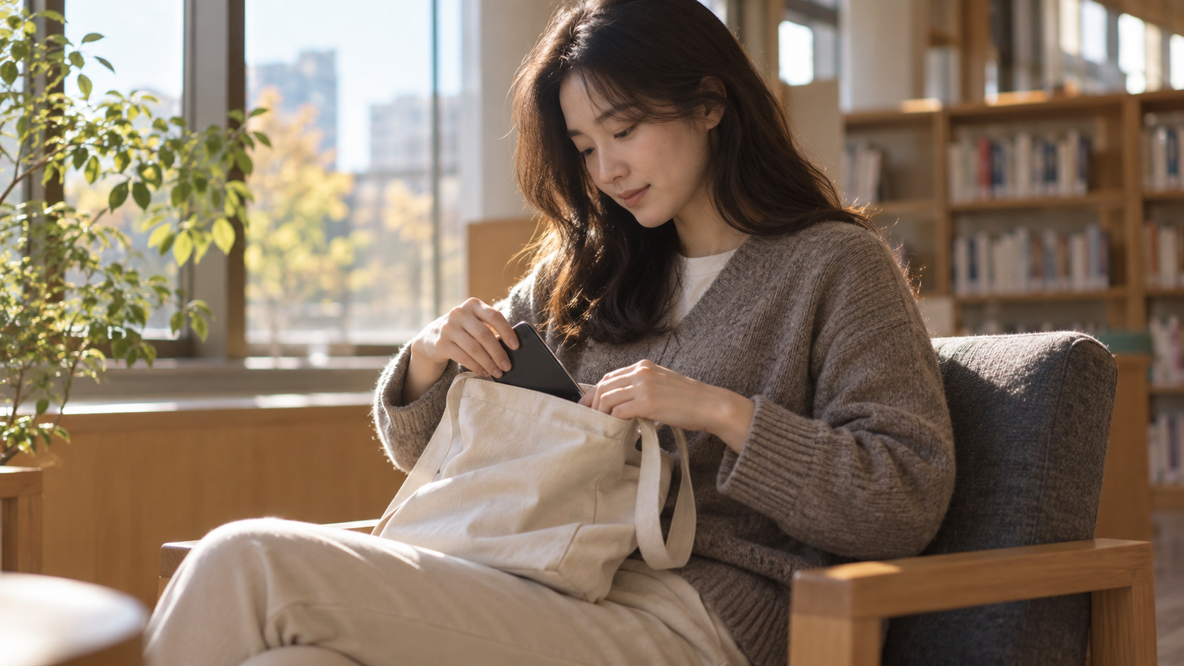 아침 햇빛이 들어오는 도서관에서 스마트폰을 가방에 넣으며 하루의 도구 사용을 정리하는 사람