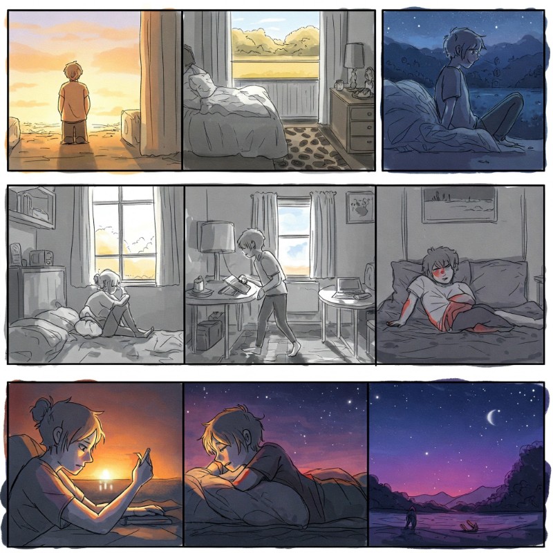 하루의 흐름을 시각화한 그림, 감정이나 사건의 피크와 엔드 포인트를 색상으로 표현