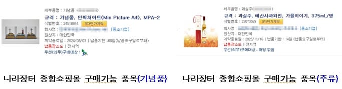 나라장터 종합쇼핑몰 구매가능 품목(기념품, 주류) 예시