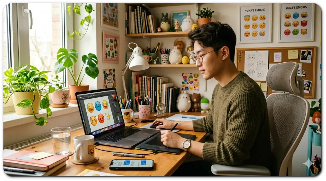 이모티콘 작가가 일을 하고 있다.
