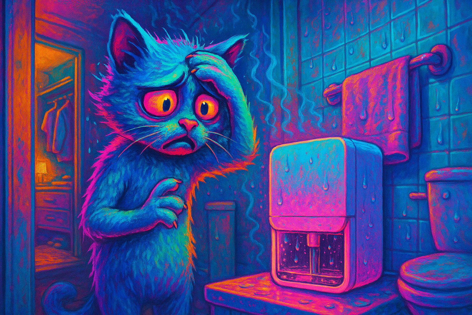 습기 찬 욕실에서 제습기를 걱정스럽게 바라보는 고양이 캐릭터 일러스트