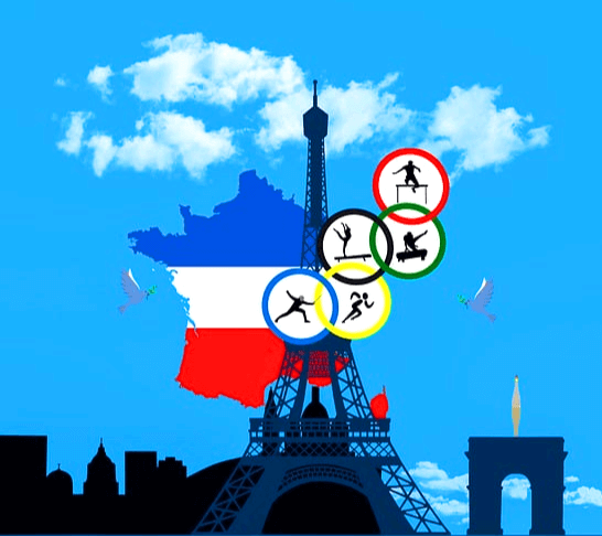 파란 하늘이 있고 그 아래 에펠탑이 서 있다. 에펠탑 주변에는 올림픽 시합 그림이 오륜기 안에 그려졌다.