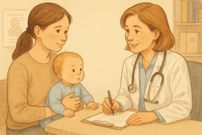 소아과 진료실에서 엄마와 아기가 의사와 상담하는 따뜻한 장면의 일러스트