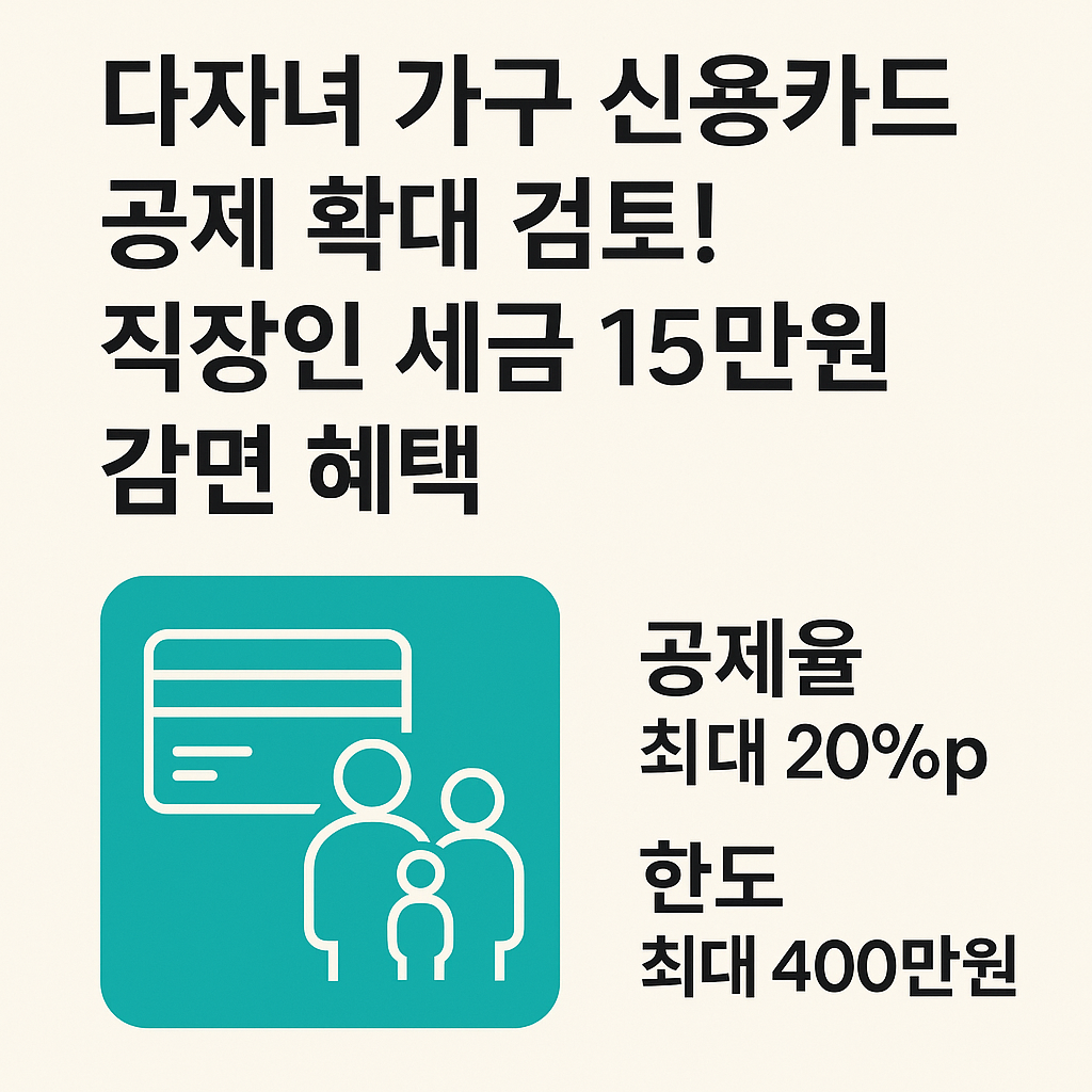 다자녀 가구 신용카드 공제 확대와 세금 감면 혜택을 안내하는 그래픽 이미지