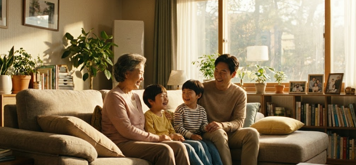 햇살이 비치는 거실에서 평온하게 휴식을 취하는 가족
