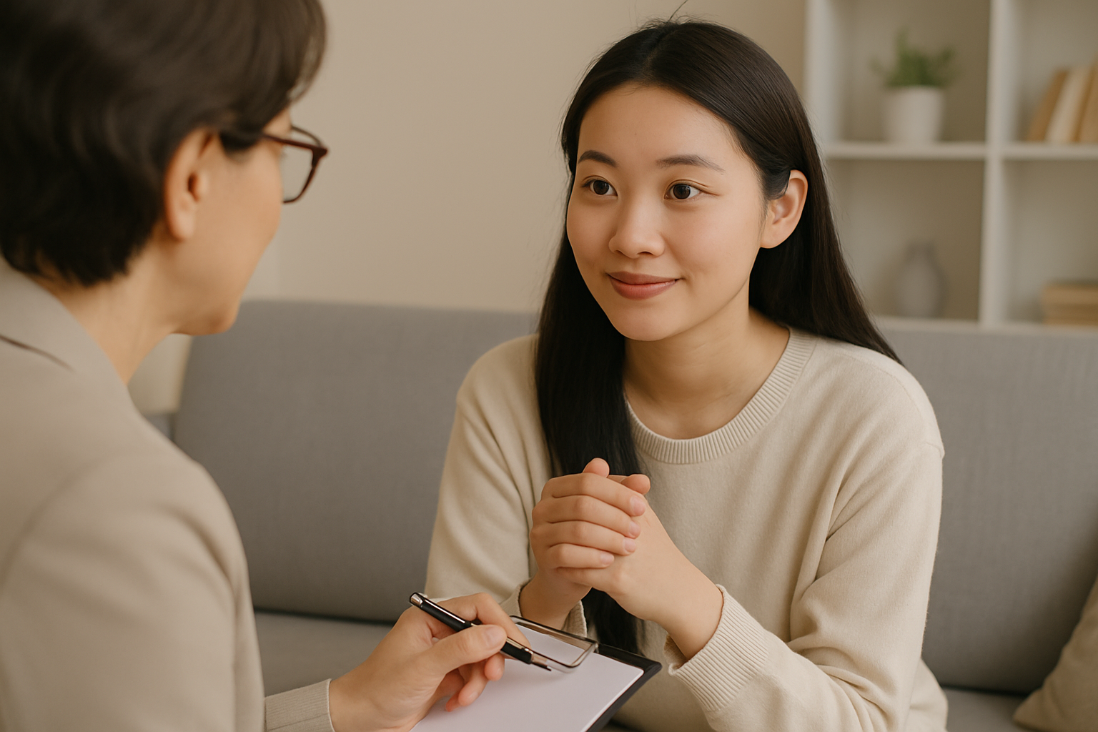 심리상담을 받으며 미소 짓는 한국인 여성, 편안한 상담실 분위기