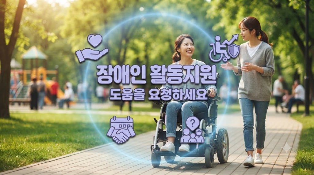 휠체어를 탄 장애인의 산책을 돕고 있는 모습