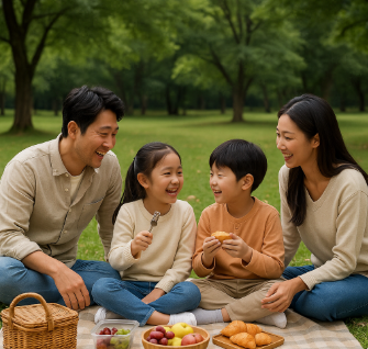 공원에서 가족끼리 다과를 먹으며 즐거운 시간을 보내는 모습