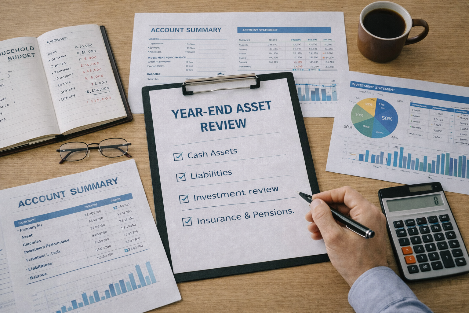 연말 자산 정리를 위해 서류를 펼쳐놓은 책상 위 모습