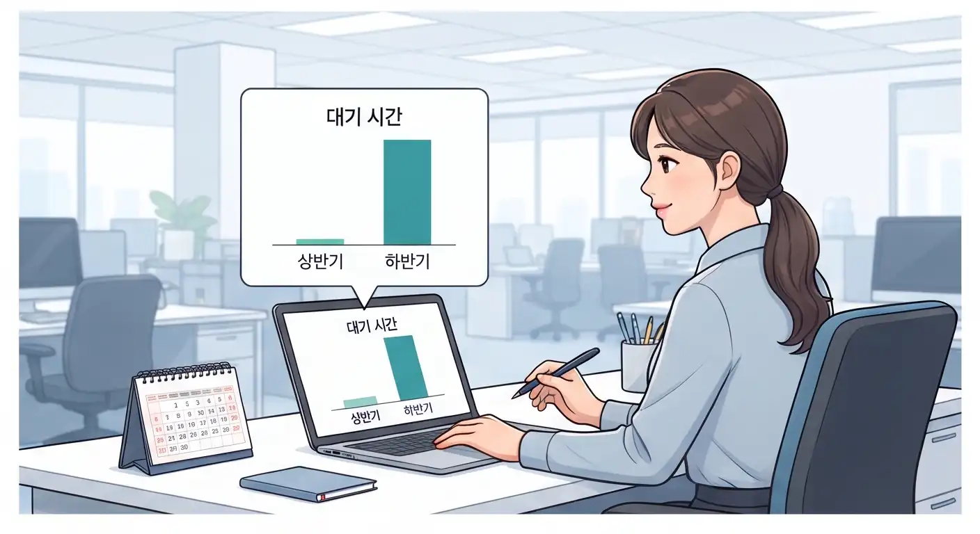 상반기와 하반기 대기 시간 비교 그래프를 노트북 화면으로 확인하는 직장인 여성의 모습