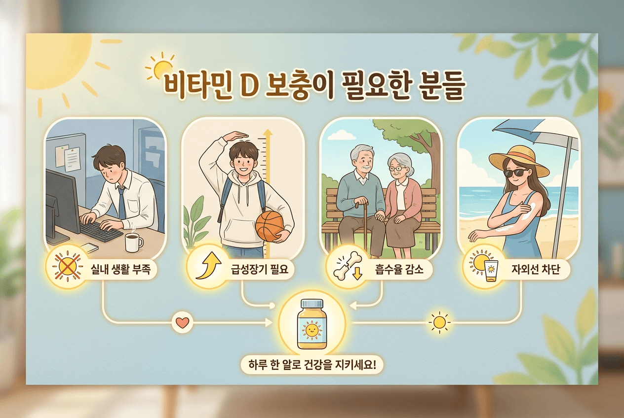 비타민 D 보충이 필요한 사람들(실내 생활 많음, 급성장기, 노년층 흡수율 감소, 자외선 차단 습관)을 안내하는 인포그래픽
