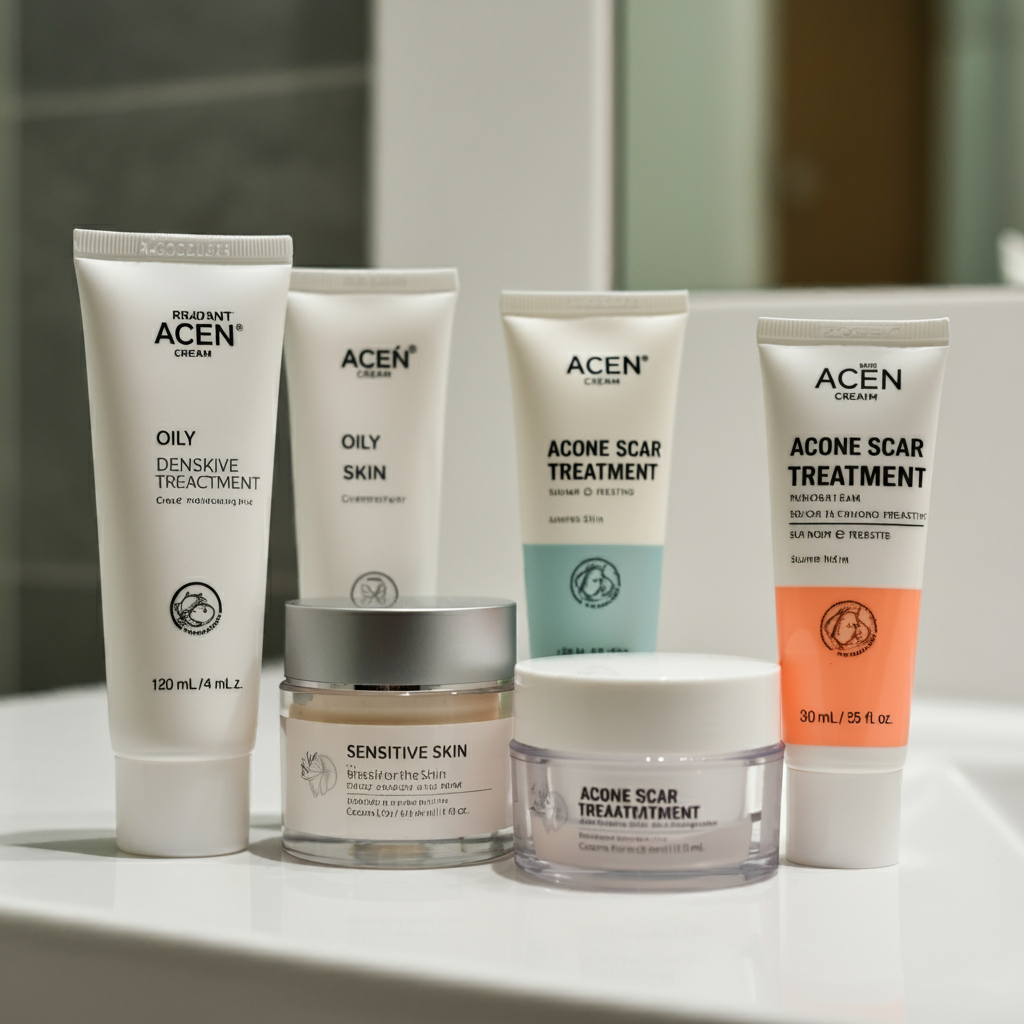 여드름 크림 종류를 깔끔하게 진열한 장면, 지성 피부용, 민감성 피부용, 여드름 흉터 치료용 크림을 각각 구분해 보여줌