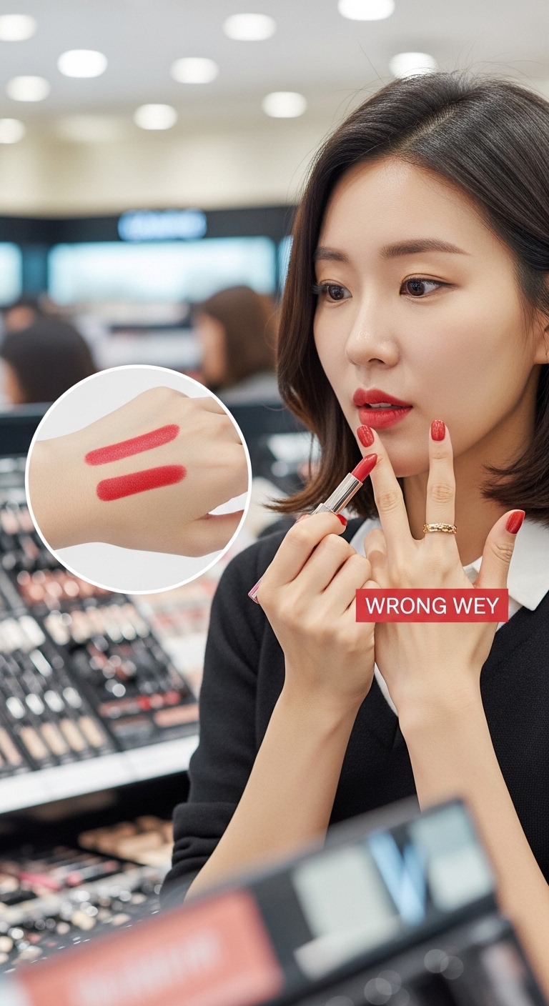 매장에서 립스틱을 테스트할 때 손등이 아닌 손가락 끝에 발라야 정확한 발색을 확인할 수 있다는 실용적인 팁을 시각화