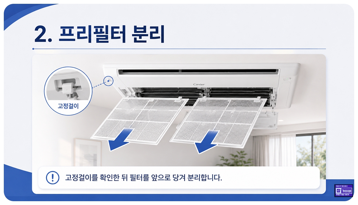 캐리어 시스템에어컨 프리필터 고정걸이 해제와 분리방법