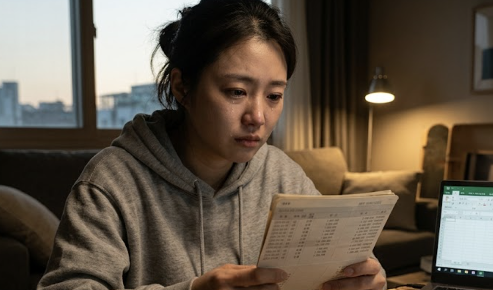 줄어드는 잔고를 바라보는 여성의 모습
