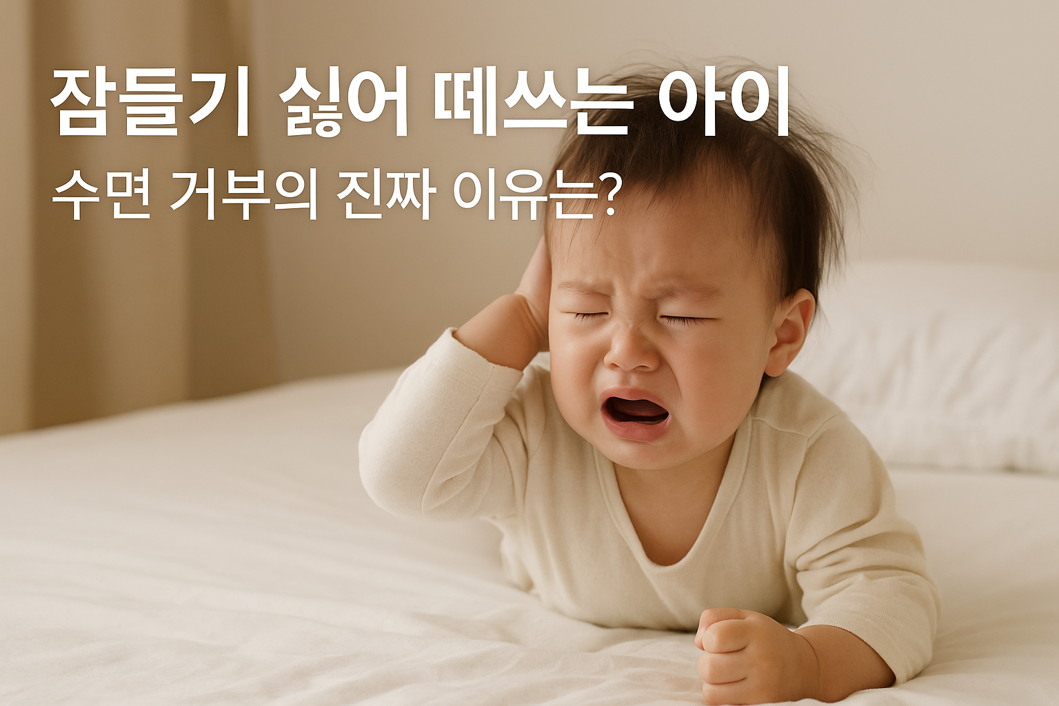 침대 위에서 잠들기 싫어 울며 떼쓰는 아기