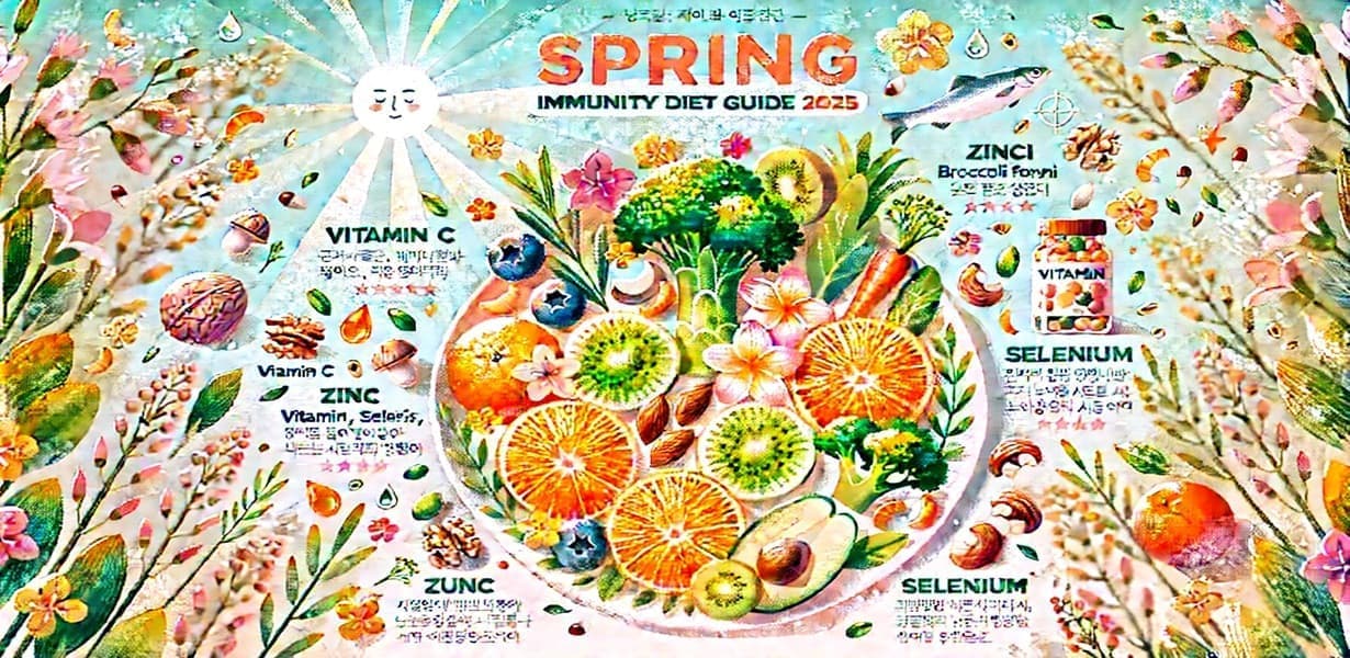 봄철 면역력을 높이는 건강 식단 구성 이미지 (비타민C, 오메가3 등 포함)