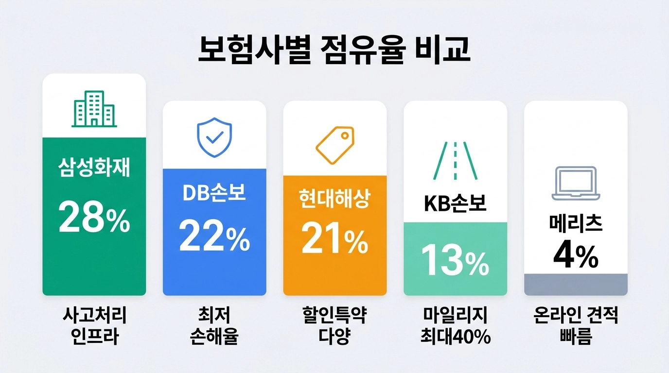 자동차보험 보험사별 점유율 비교 삼성화재 DB손보 현대해상 KB손보 메리츠 인포그래픽