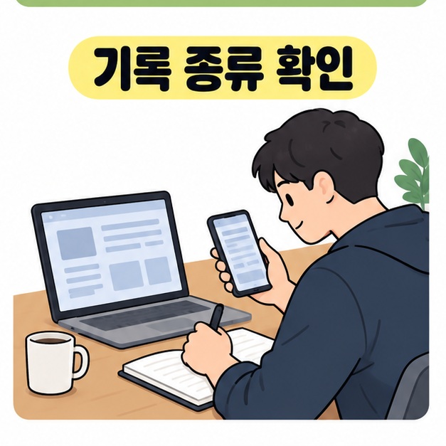 성인 팬이 노트북과 스마트폰의 기록 화면을 살펴보며 노트에 메모하는 모습
