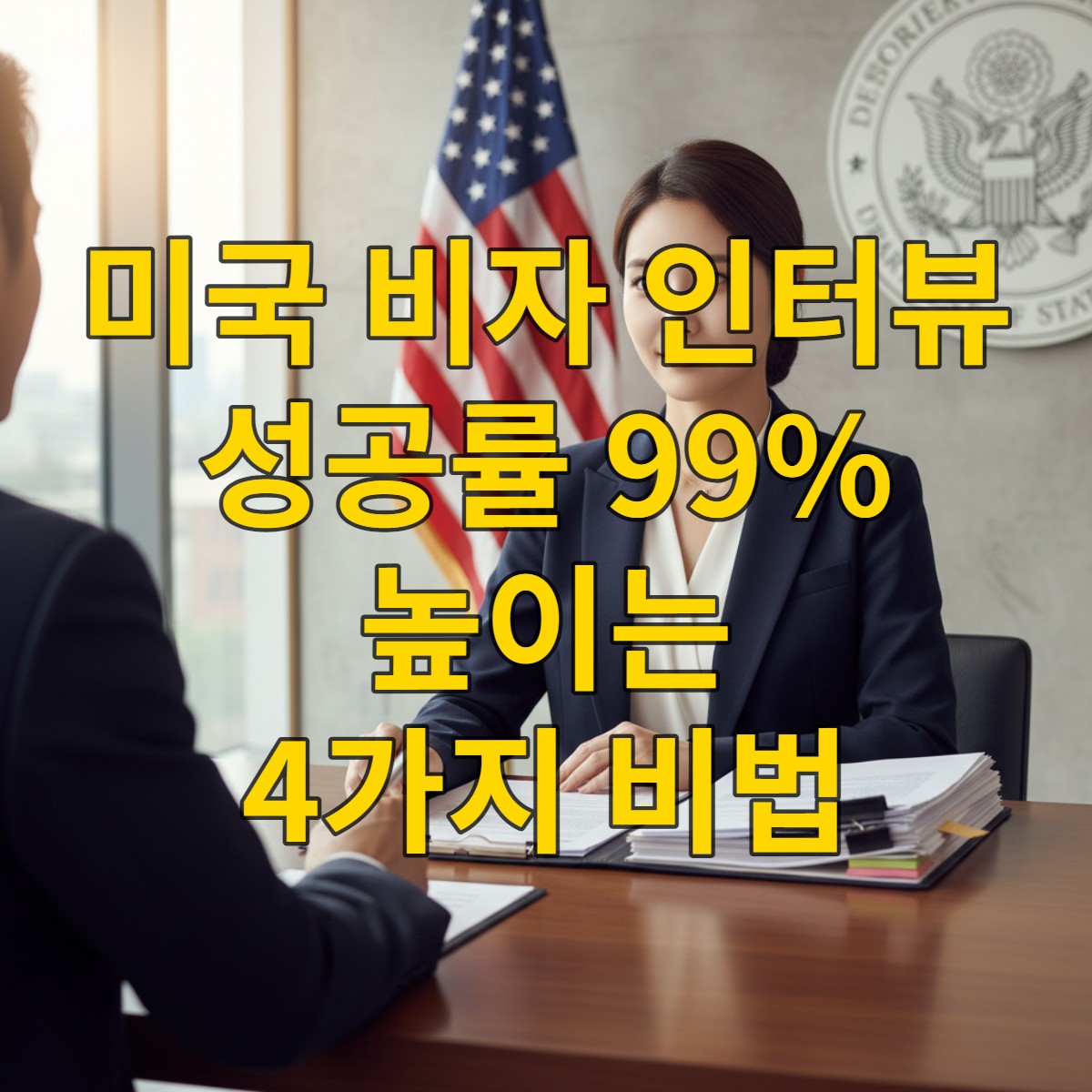 미국 비자 인터뷰에서 단정한 복장으로 자신감 있게 답변하는 한국인 신청자. 테이블 위에는 잘 정리된 서류가 놓여있고, 배경에는 미국 국기가 보인다.