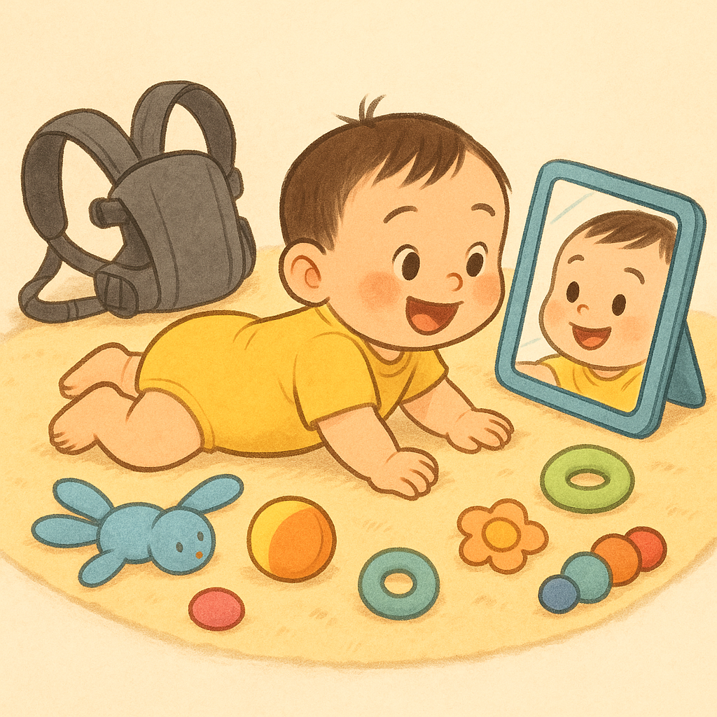 터미타임이 즐거워지는 장난감 추천
처음엔 아기가 엎드린 상태를 힘들어하거나 금방 지루해할 수 있어요. 이럴 때는 터미타임 전용 장난감을 활용해보세요. 관심을 끌어주고, 시간을 조금 더 오래 버틸 수 있도록 도와주는 좋은 도구가 됩니다.
1. 거울 장난감
아기는 자기 얼굴을 보는 걸 좋아해요. 엎드린 상태에서도 거울에 비친 얼굴을 보며 흥미를 느끼고 고개를 드는 연습을 하게 됩니다.
추천 브랜드: 피셔프라이스 터미타임 미러, 타이니러브 거울 매트
2. 크링클 사운드 토이(바스락 소리 나는 천 장난감)
손으로 만지면 소리가 나서 감각 자극에 좋아요.
아직 손으로 잡기 어려운 아기에게는 얼굴 근처에 두기만 해도 청각 자극이 됩니다.
추천 브랜드: 스킵합 크링클북, 누비 아기천책
3. 컬러풀한 딸랑이와 촉감볼
다양한 색감과 소리로 아기의 시각·청각을 자극해요.
손으로 쥐려는 움직임을 유도하면서 근육 발달을 도와줍니다.
추천 브랜드: 맘마미아 촉감볼, 스킵합 딸랑이 세트
4. 터미타임 매트 + 쿠션
푹신한 매트 위에 작은 배게나 반원 쿠션을 배 밑에 받쳐주면 아기가 좀 더 쉽게 고개를 들 수 있어요.
터미타임 전용 매트는 미러, 촉감 장난감, 바스락 패드 등 다양한 요소가 포함돼 있어서 추천해요.
추천 브랜드: 인펀티노 터미타임 매트, 베이비뵨 베이비짐
5. 음악이 나오는 장난감
짧은 멜로디가 나오는 장난감은 주의력을 집중시키는 데 효과적이에요.
엎드린 채로 음악 소리가 나는 방향으로 고개를 돌리거나 몸을 움직이게 유도할 수 있어요.
이런 장난감들은 굳이 비싸거나 복잡하지 않아도 돼요. 집에 있는 손거울이나 바스락거리는 비닐, 알록달록한 천도 훌륭한 장난감이 될 수 있어요. 중요한 건 아기의 흥미를 자극하고, 엎드려 있는 시간을 즐겁게 만들어주는 것이랍니다.