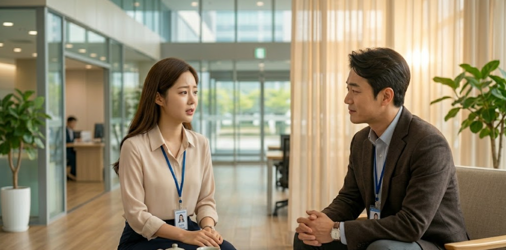 공공기관 상담센터에서 상담원이 친절하게 근로자의 고민을 들어주는 모습