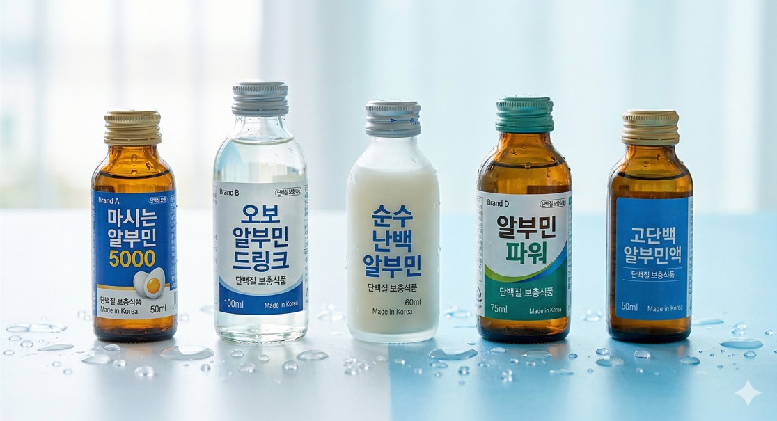 파란색과 흰색이 조화된 깨끗한 배경 위에 놓인 시중에 판매되고 있는 마시는 알부민 병들과 물방울