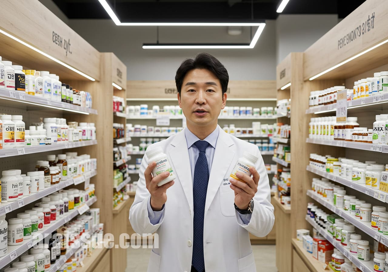 40대 한국인 남성 약사가 현대식 약국에서 두 개의 영양제 병을 손에 들고 차이를 설명하는 듯한 표정을 짓고 있다. 배경은 서양식 진열 선반과 밝은 조명으로 구성되어 있다.
