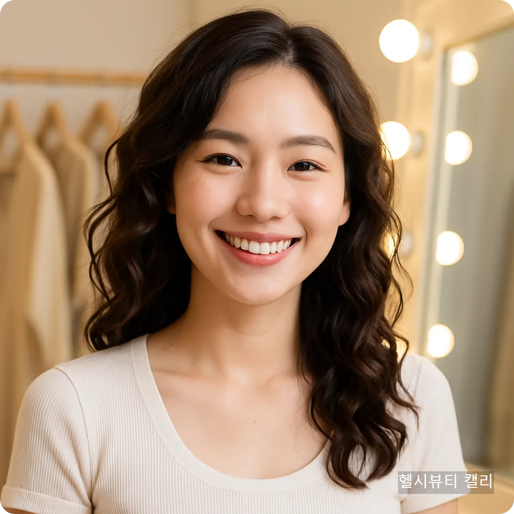 드레스룸 조명 아래 밝게 웃고 있는 자연스러운 곱슬머리의 20대 여성