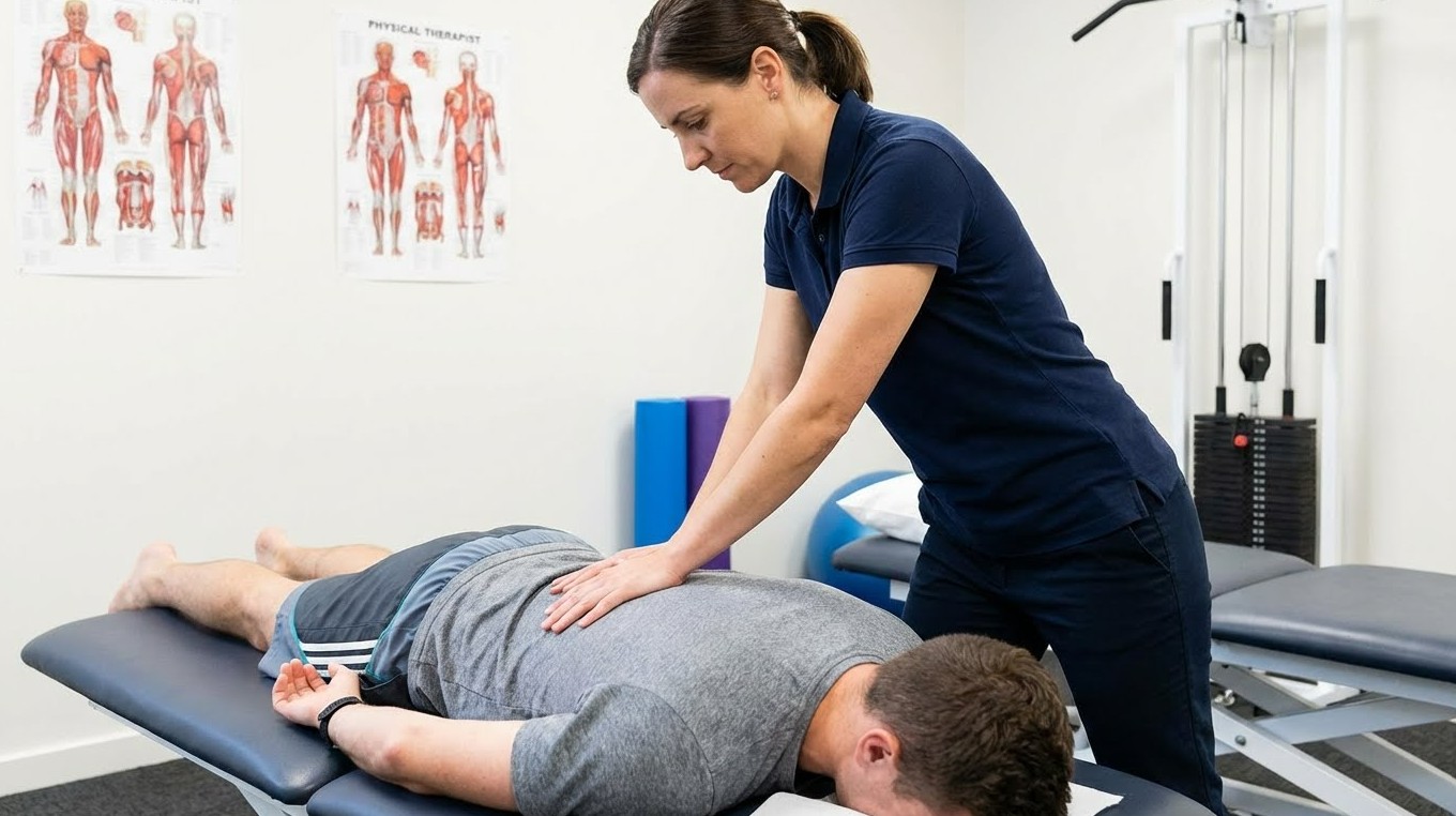 물리치료사가 허리 통증 환자의 근육을 풀어주는 이미지