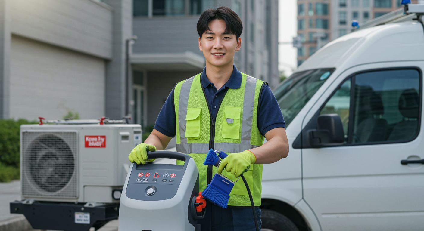 에어컨 청소 창업을 준비하는 한국 청년이 서비스 차량 옆에서 장비를 점검하는 모습