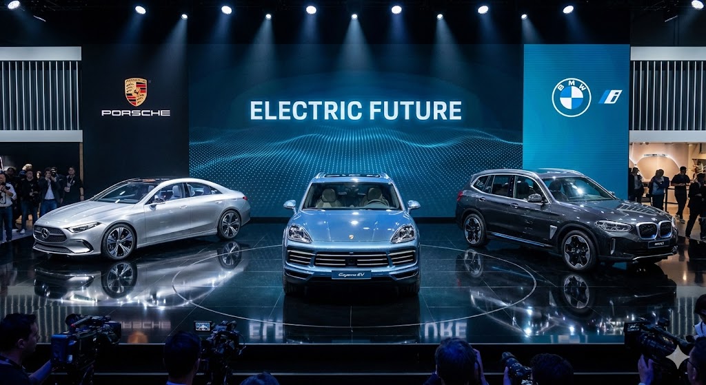 포르쉐 카이엔 일렉트릭과 벤츠, BMW의 신형 전기차들이 화려한 조명을 받으며 전시된 모습