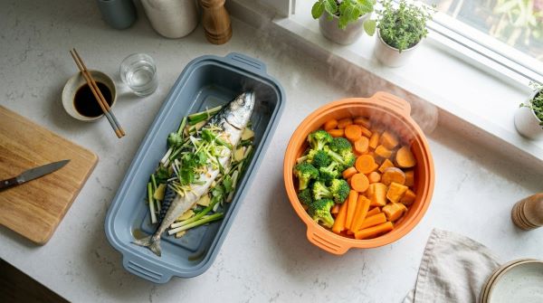 실리콘찜기에 담긴 고등어와 채소찜 요리 이미지