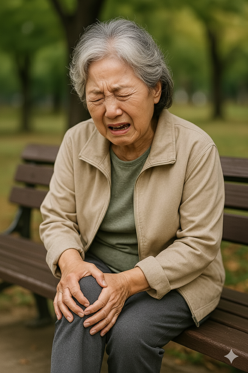 무릎통증으로 힘들어하는 사람의 모습