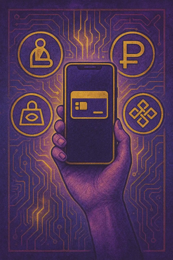 스마트폰을 중앙에 들고 있는 손 주위로 고대 상형문자처럼 추상화된 결제 아이콘들이 둥글게 배치된 장면