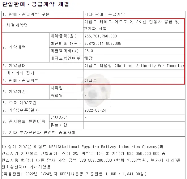 현대로템 이집트 수출 관련 공시