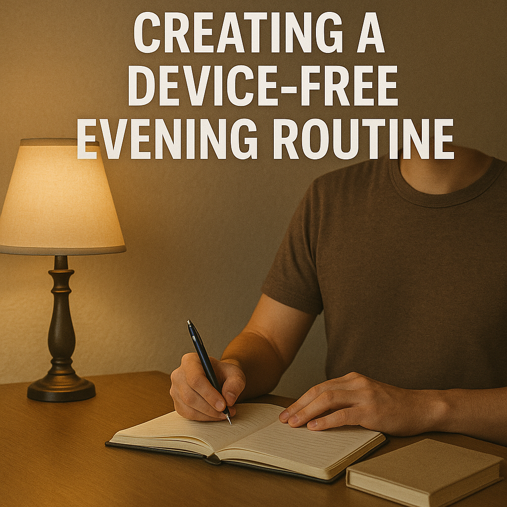 스탠드 조명이 켜진 책상 위에서 갈색 티셔츠를 입은 사람이 노트에 펜으로 글을 쓰고 있다. 화면 상단에는 "CREATING A DEVICE-FREE EVENING ROUTINE"이라는 문구가 적혀 있다.