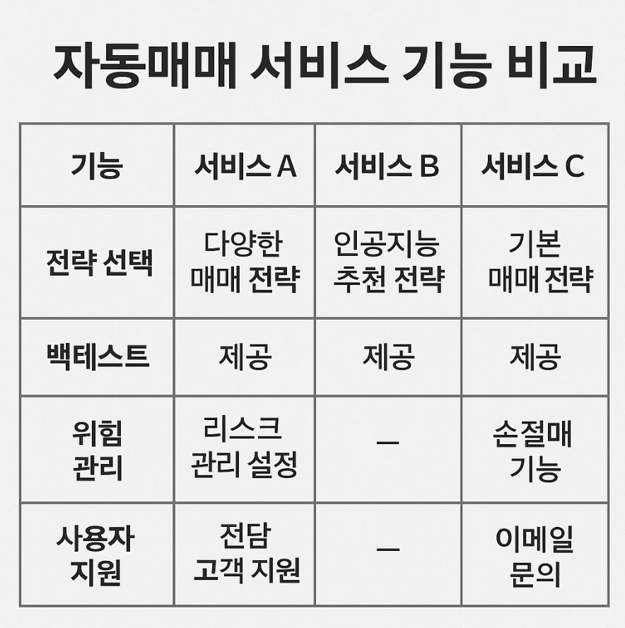 자동매매 서비스 기능 비교표
