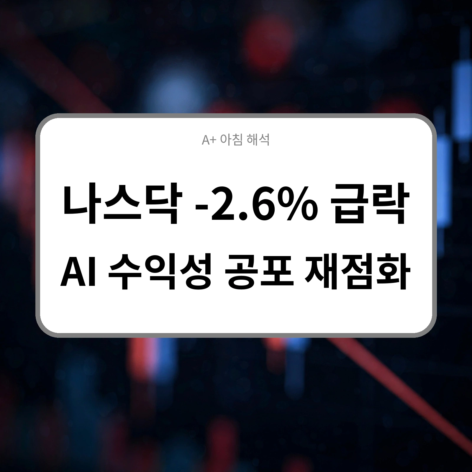 흐릿하게 처리한 주식 차트(빨강&middot;파랑 캔들) 사진이 정사각형 전체에 깔려 있고, 가운데에 회색 테두리의 둥근 흰색 카드가 있습니다. 카드 상단에는 작은 회색 글씨로 "A+ 아침 해석", 중앙에는 검은색 굵은 글씨로 제목이 2줄 들어 있습니다.