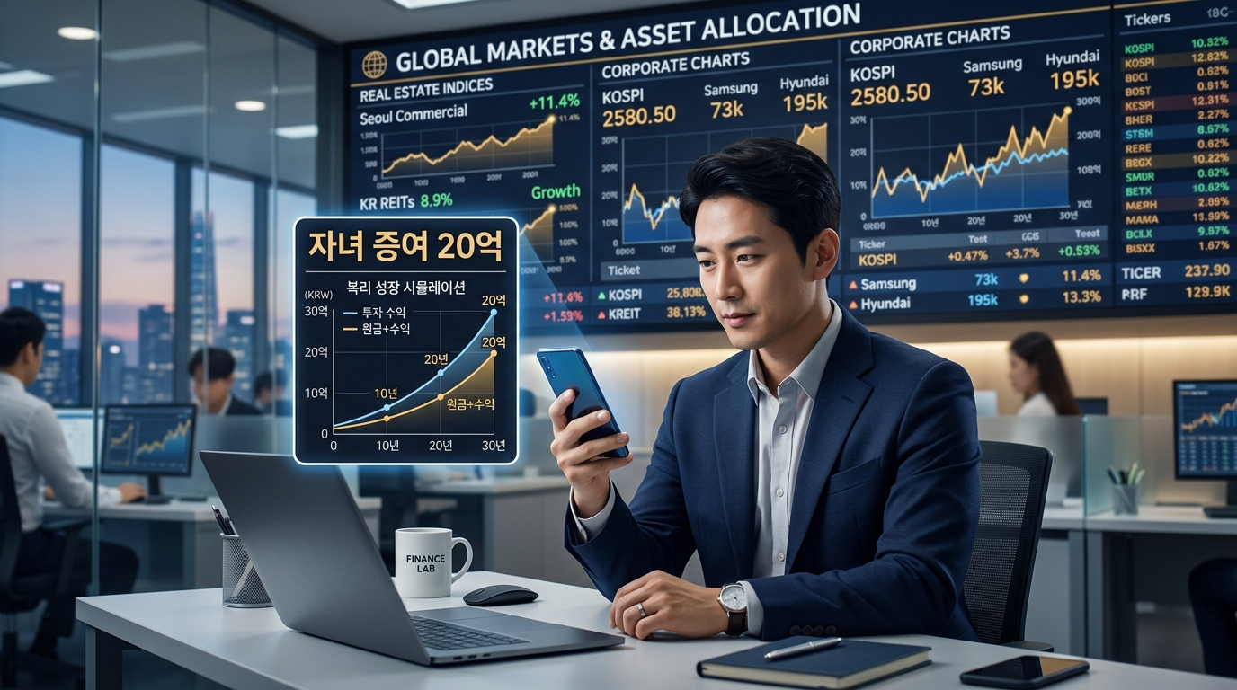 2026년 7월 3일 금요일 아침, 아파트 시세 전광판과 상속세 50% 세금 폭탄 뉴스를 바라보던 한 젊은 직장인 부모가 스마트폰 화면의 자녀 비과세 증여 타임라인과 미국 대표 지수 ETF의 우상향 복리 궤적 그래프를 확인하며 평온한 미소를 짓는 고밀도 3D 금융 자산배분 인포그래픽