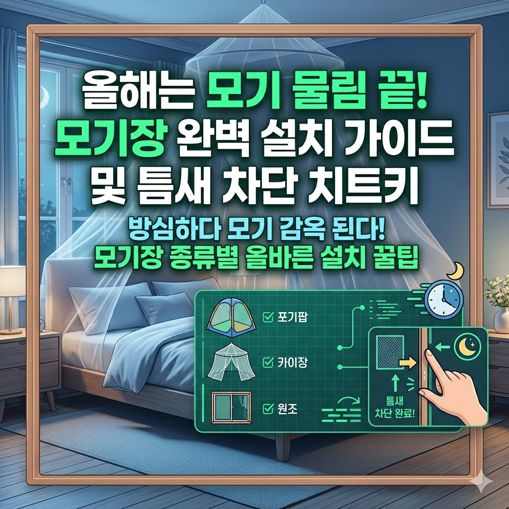 아늑한 침실에 세련된 모기장이 설치된 모습 위로 '올해는 모기 물림 끝! 모기장 완벽 설치 가이드 및 틈새 차단 치트키'라는 가독성 높은 네온 그린 & 화이트 타이포그래픽 배치.