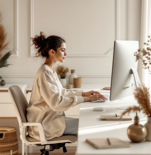 척추 디스크 예방을 위해 바른 자세로 일하고 있는 여성