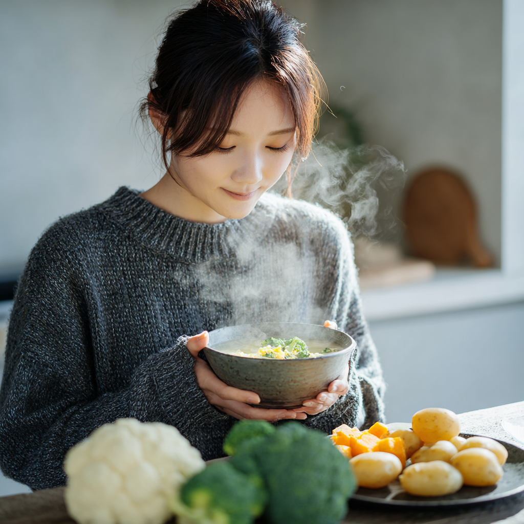 역류성 식도염에 좋은 음식을 들고있는 여성, 실사형 이미지