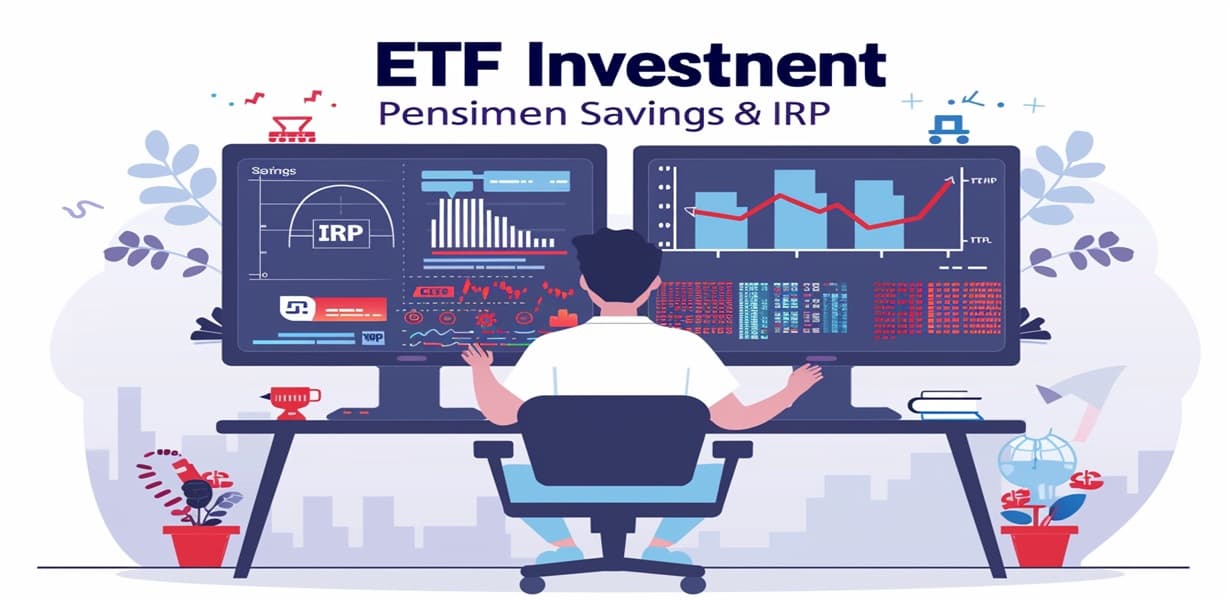 한 명의 젊은 투자자가 두 개의 컴퓨터 화면을 보며, 자유롭게 투자 가능한 ETF와 제한이 있는 연금저축·IRP를 비교하는 모습