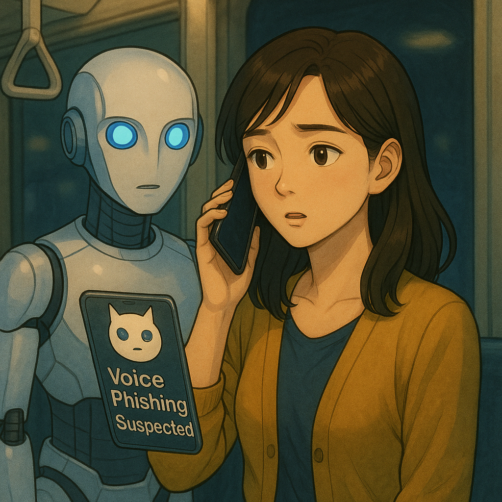 AI 보이피싱 차단 앱 익시오로 통화 중 보안 경고 받는 여성