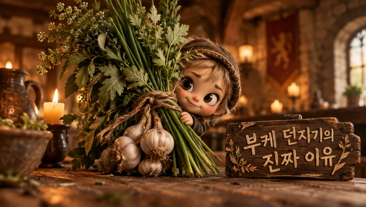 중세 유럽 신부가 마늘과 허브 다발을 던지던 부케 던지기 풍습의 유래를 담은 이미지