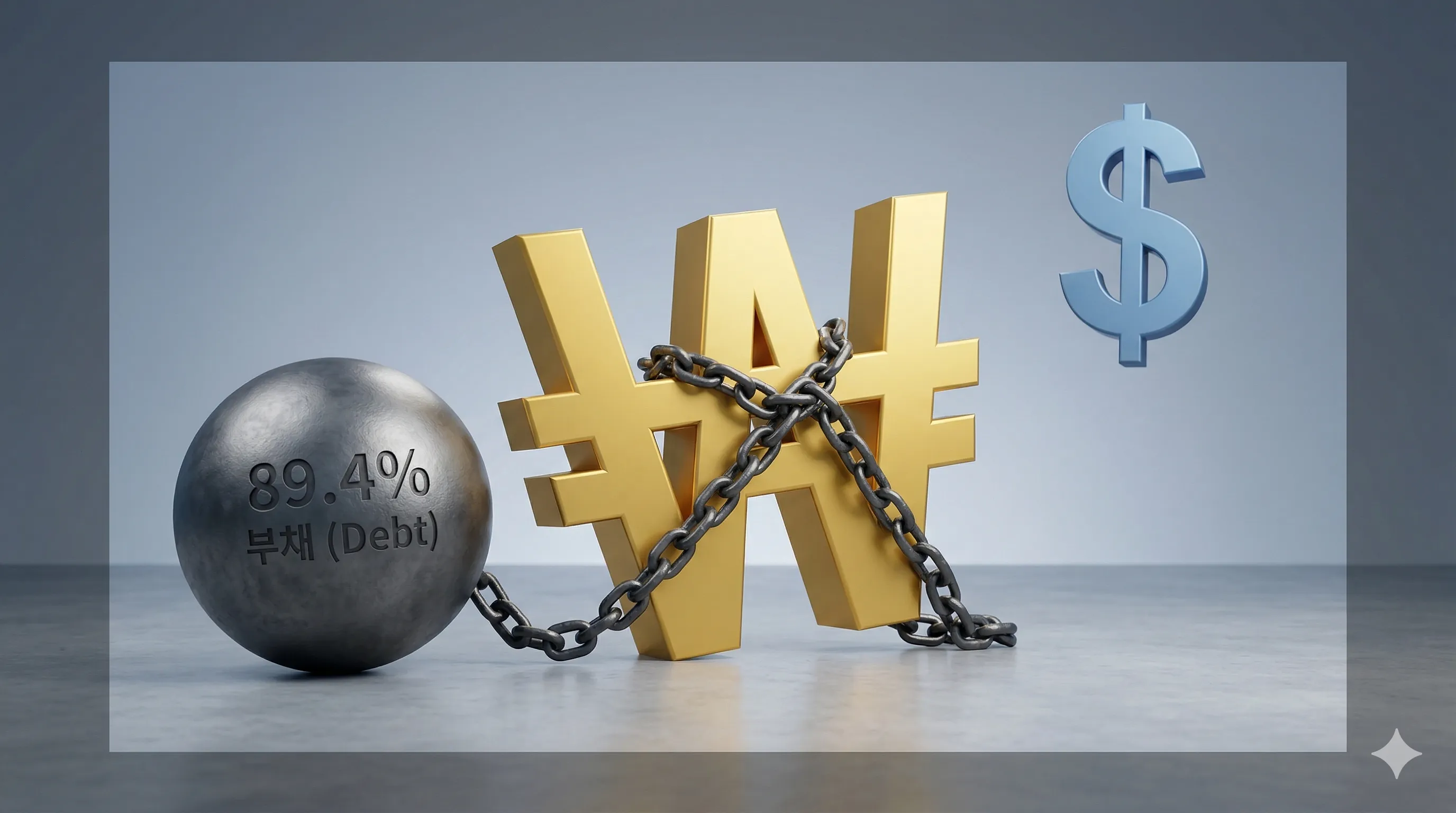 환율 1450원: 가계부채 리스크와 달러 약세 속 원화 디커플링 현상을 시각화한 대표 이미지 by Finory