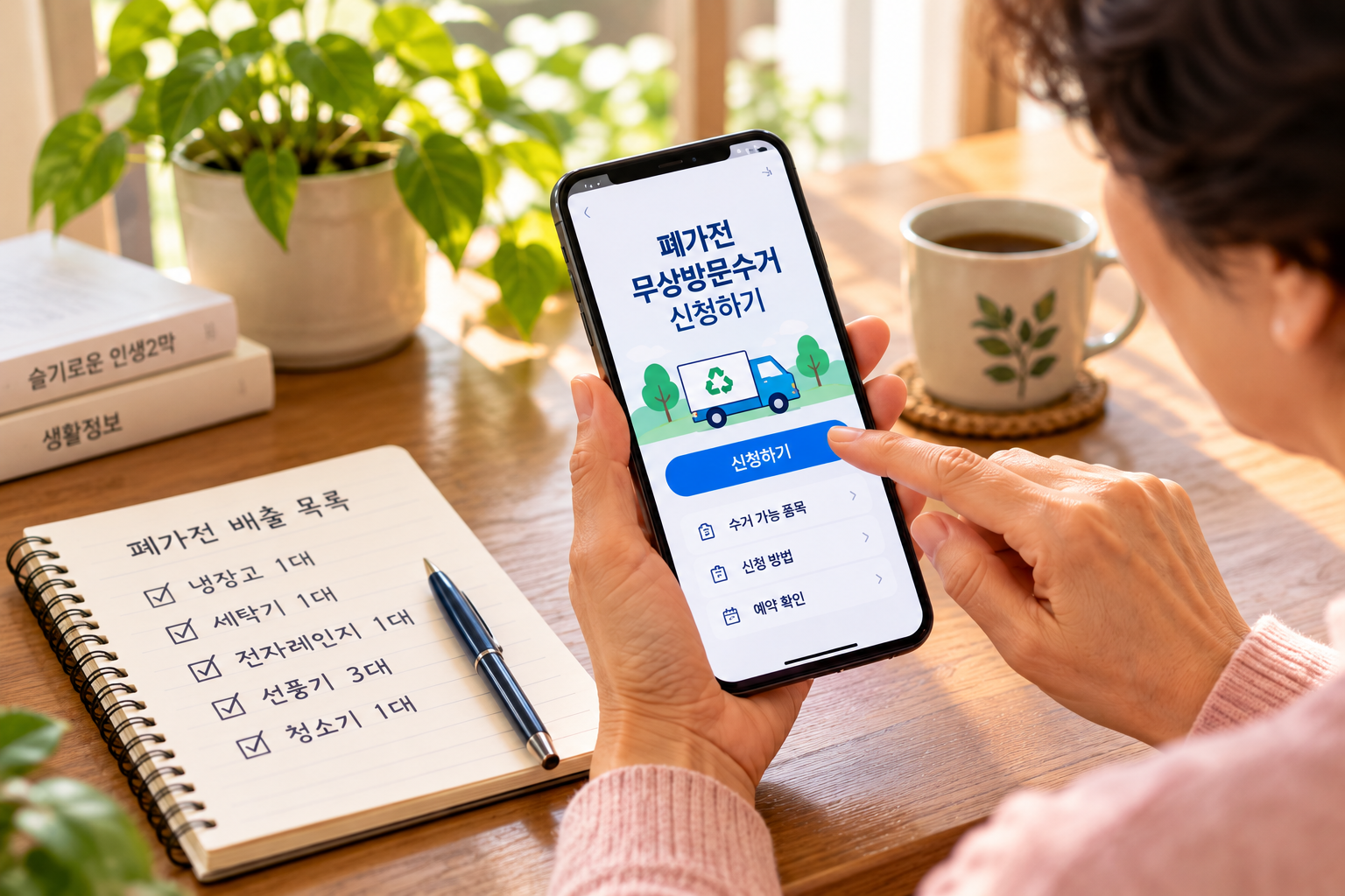스마트폰으로 폐가전 무상방문수거를 신청하며 배출할 가전제품 목록을 확인하는 모습